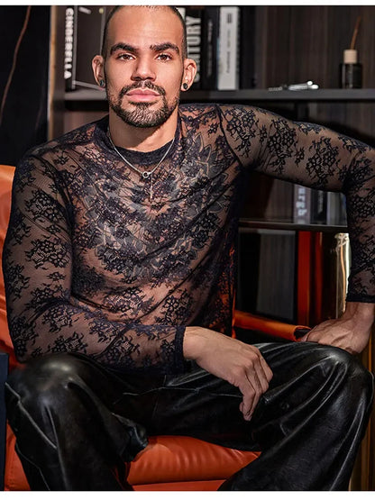 Lace Mesh Sheer See Through T-shirts for Men High Elastic Tight Thin Breathable Comfortable Tops Long Sleeves Fashion Blouse - Kimlud