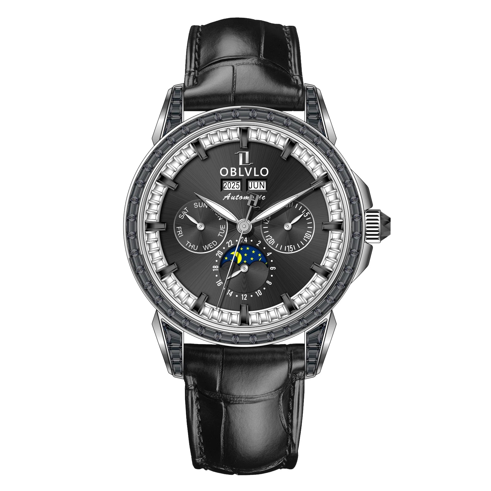 OBLVLO Men's Fashion Automatic Watch Colorful Zircon Moonphase Mechanical Multifunctional Black Leather Strap Timepiece...