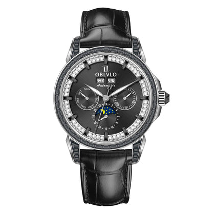 OBLVLO Men's Fashion Automatic Watch Colorful Zircon Moonphase Mechanical Multifunctional Black Leather Strap Timepiece...