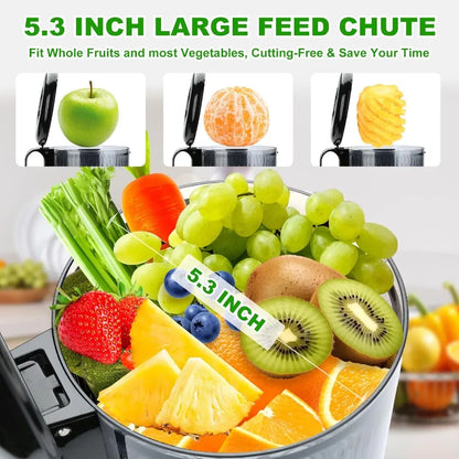 Cold press juicer with 5.3inch large feed chute for whole fruits and vegetables slow juicing extractor machine with 300W mastic