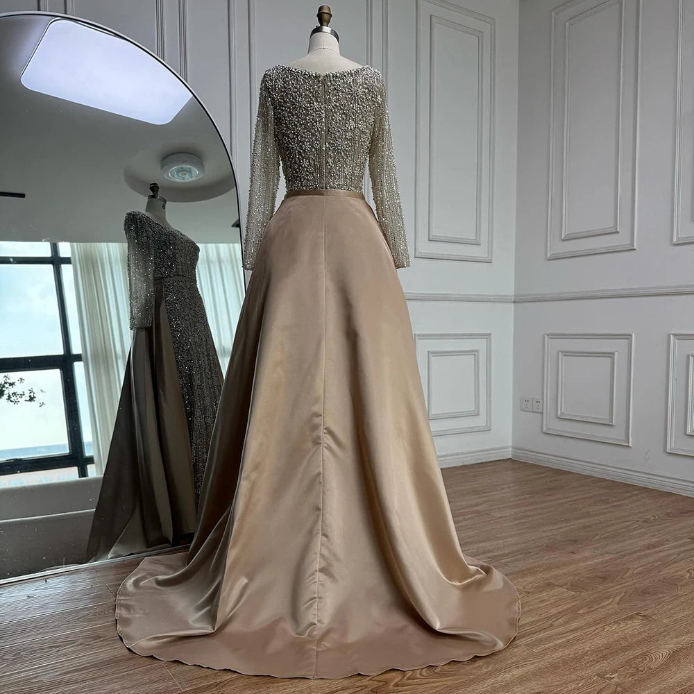 Serene Hill Customized Arabic Caramel Mermaid With Overskirt Beaded Evening Dresses Luxury Gowns For Formal Occasion...