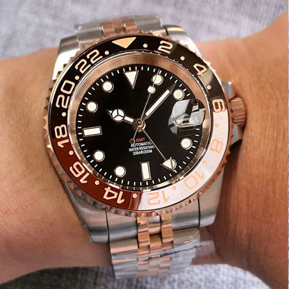 20ATM Waterproof 40mm Rose Gold NH34 GMT Automatic Watch For Men Steel Strap Ceramics Bezel Sapphire Glass Luminous