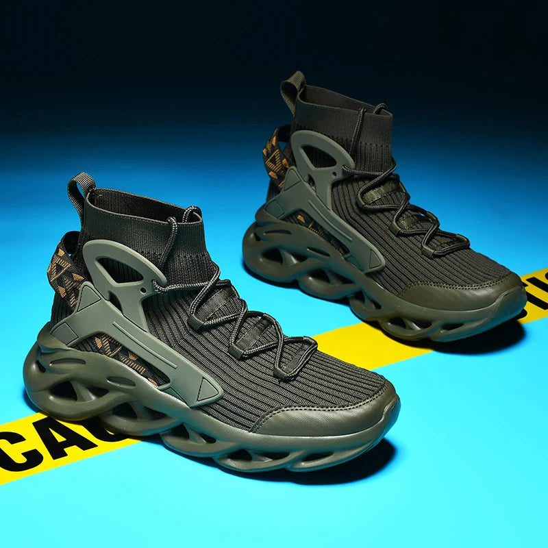 2025 High-Top Elastic Knitted Sports Shoes Trendy Plus Size Men's Shoes Reflective 3D Stereoscopic New Basketball Shoes