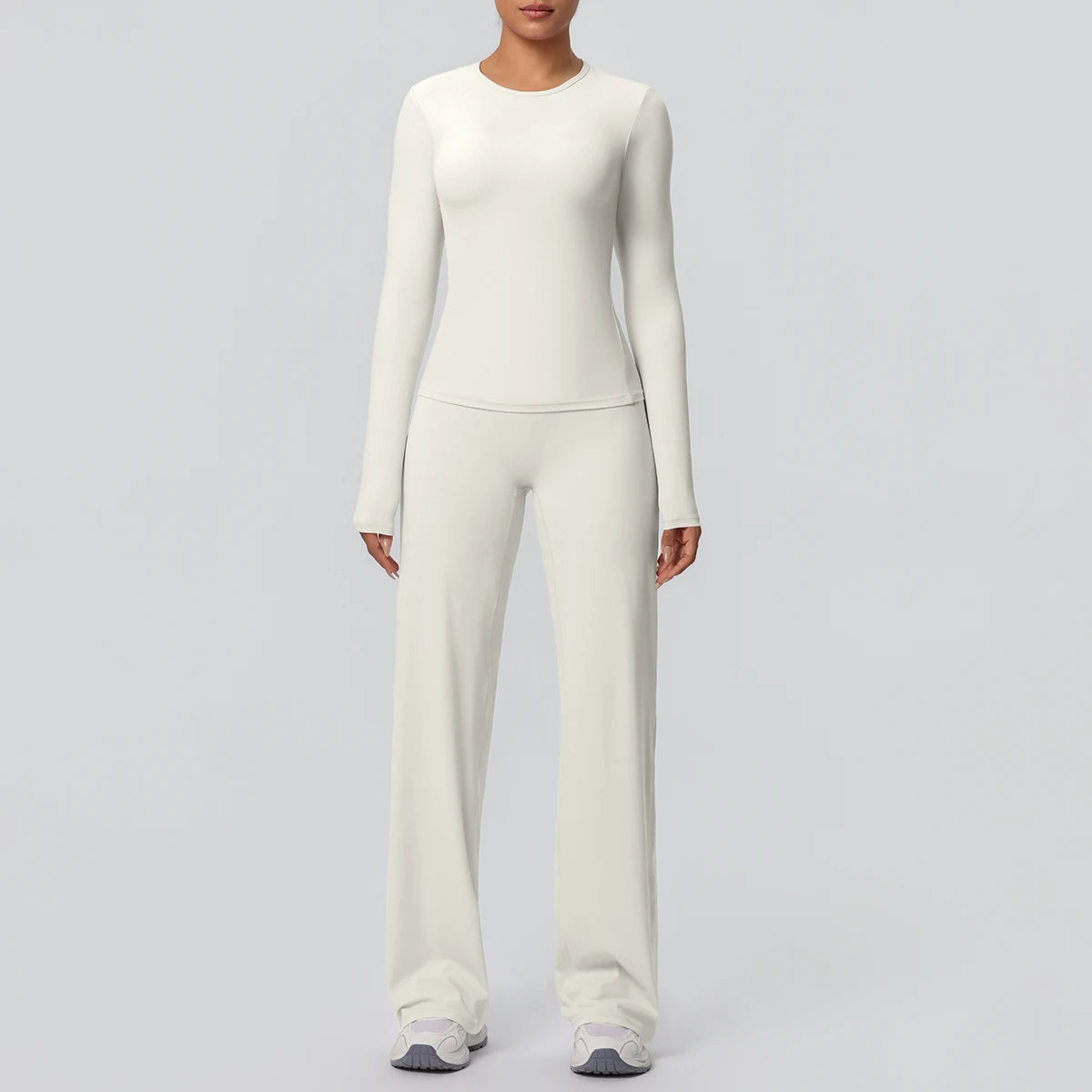 2pieces Women Gym Yoga Set Running Shirts Slim Long Sleeves Workout Top Quick Drying High Stretch Wide Leg Pants Thin Yoga Set