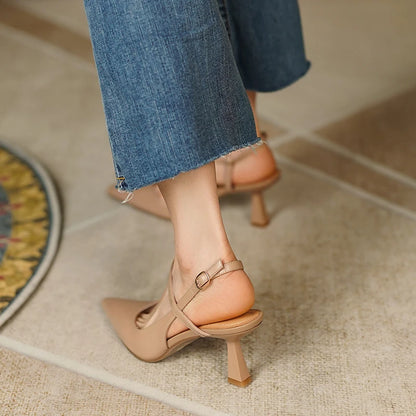 Fashion Slingbacks Women Pumps Spring Summer Office Ladies Party Prom Genuine Leather Pointed Toe High Heels Shoes Woman Sandals