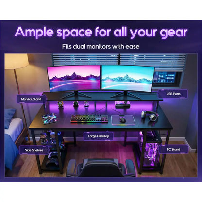 48 inch Gaming Desk with LED Lights amp Power Outlets, Computer Desk with Monitor Stand amp Storage Shelves, CPU Stand, Home Of - Kimlud