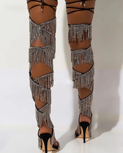 Summer Bling Rhinestone Chains Tassel Cross-tied Thigh Sandals Boots Fringe Crystal Strappy Lace-up Woman Cutout Over Knee Boots