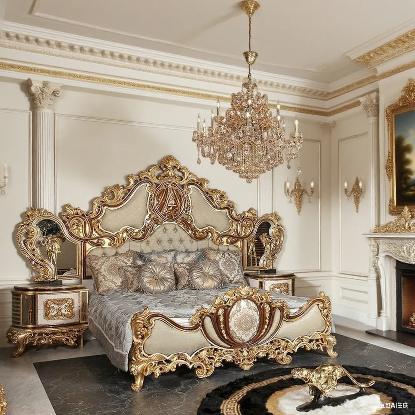 Elegant Hand Carving Design Vintage Gold Wooden King Queen Bed Classical Fabric Upholstered Luxury Bedroom Furniture - Kimlud