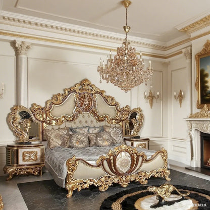 Elegant Hand Carving Design Vintage Gold Wooden King Queen Bed Classical Fabric Upholstered Luxury Bedroom Furniture - Kimlud