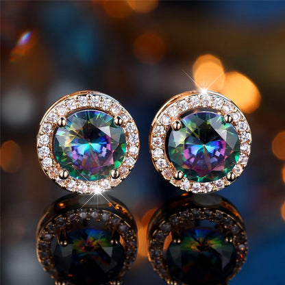 Cute Female Multicolor Pink Black Zircon Round Stone Stud Earrings Gold Color Wedding Jewelry For Women | Kimlud Mid...