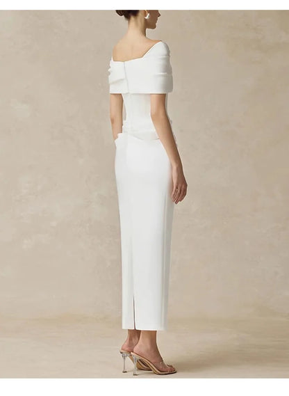 French Elegant Temperament Off-shoulder Short Sleeves High Waist Bodycon White Evening Party Long Dress for Women 2026...