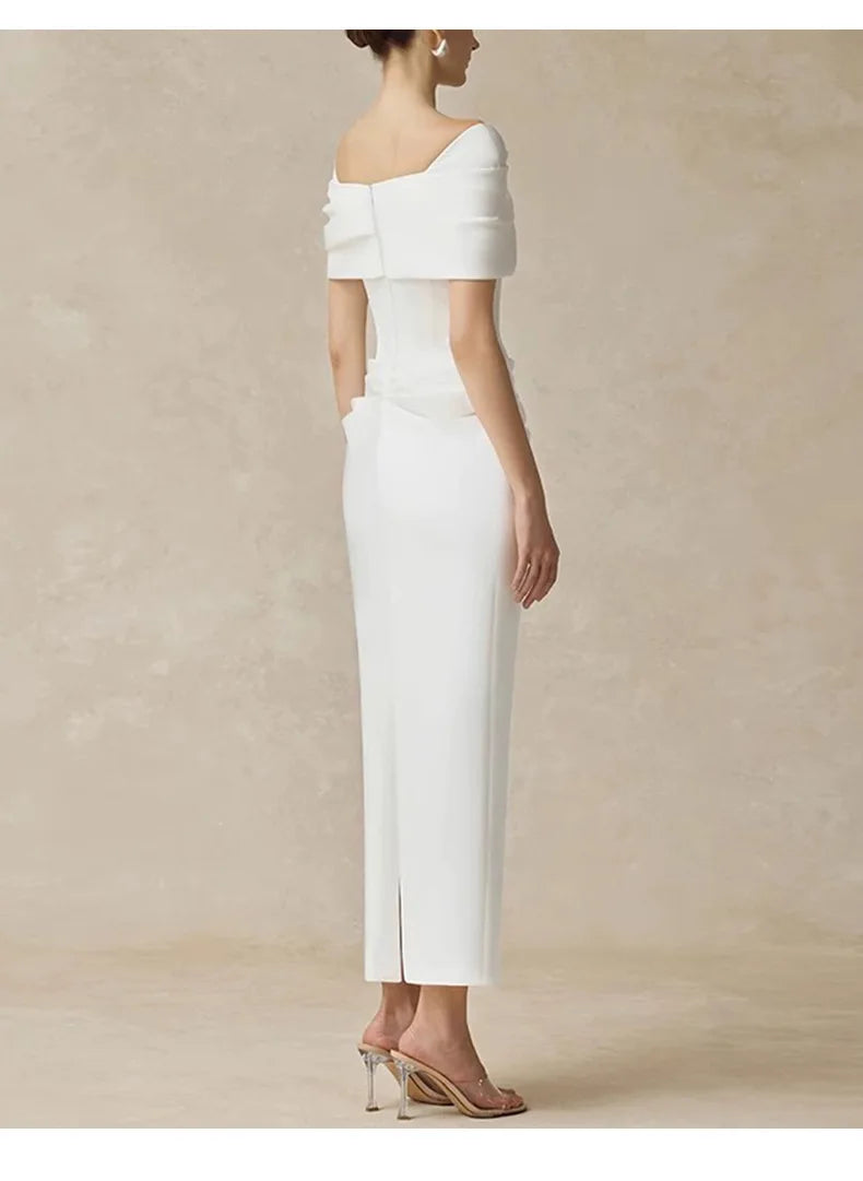 French Elegant Temperament Off-shoulder Short Sleeves High Waist Bodycon White Evening Party Long Dress for Women 2026...