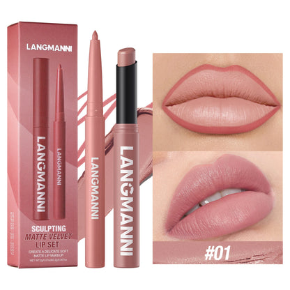 Integrated waterproof lipliner+lipstick lipstick lipstick set,no smudge,no fade,no cup,durable,easy to create a perfect makeup!