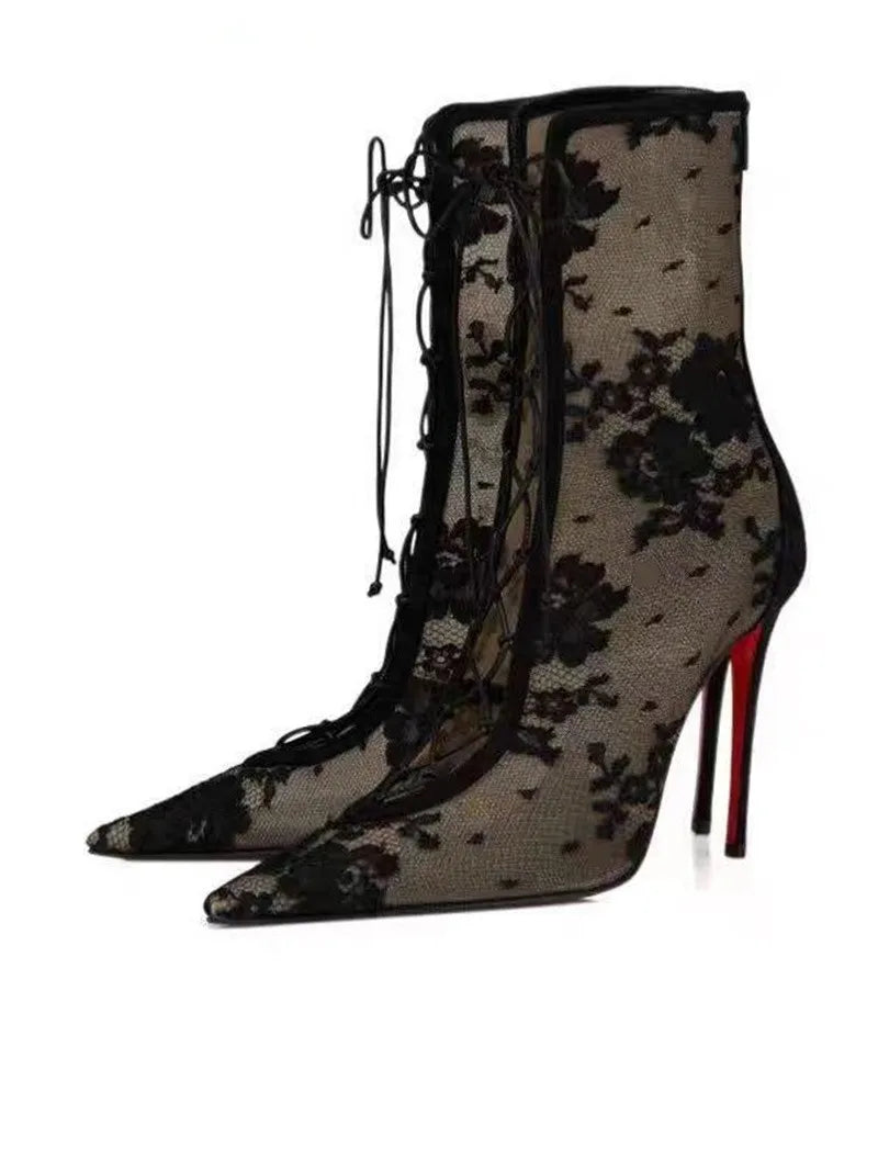 Women Lace Mesh Knee High Boots Pointed Thin Stiletto Heel Lace Up Sexy Evening Party Slim Tall Fashion High Heel Long Boots