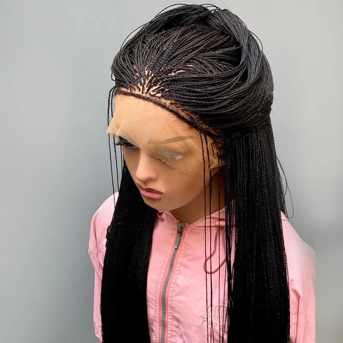 28 Inch Micro Twist Braided Wig for Black Women Front Lace Color 1B Black Braids Glueless Tiny Twist Braid Wigs