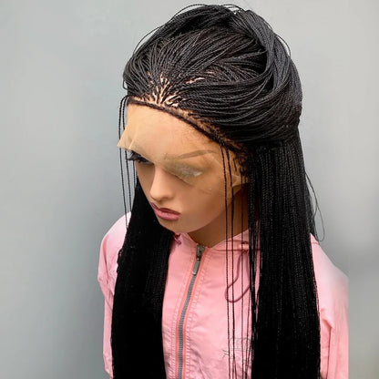 28 Inch Micro Twist Braided Wig for Black Women Front Lace Color 1B Black Braids Glueless Tiny Twist Braid Wigs