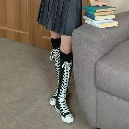 2025 New High Top Canvas Shoes for Women's Korean Edition Long Boot Lace-Up Zipper Comfortable Boot Zapatos De Mujer Tendencia