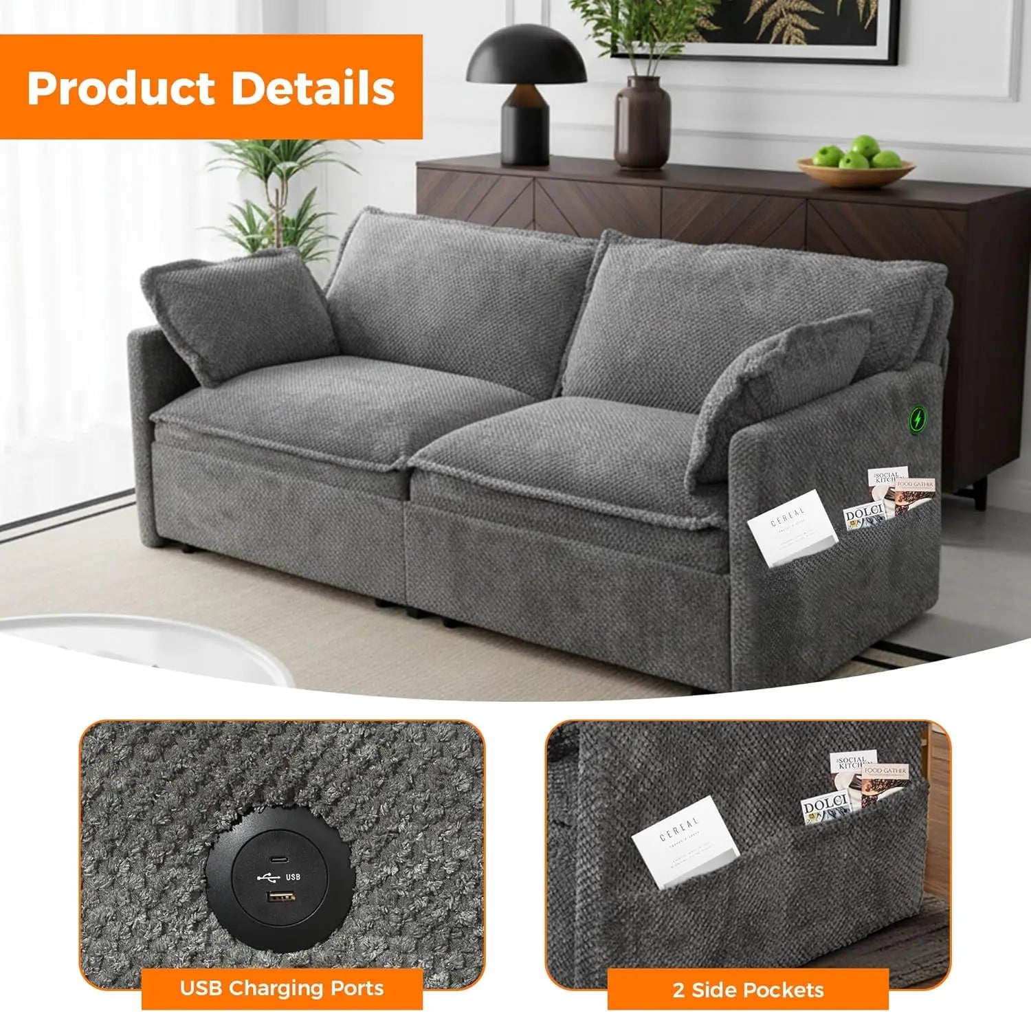 73in 3-in-1 Convertible Sofa Bed USB&C Ports Corduroy Sleeper with Side Pockets Living Room Bedroom Apartment Grey,...