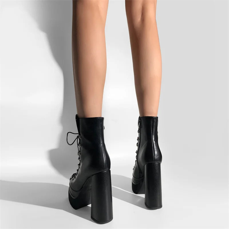 Onlymaker Double Platform Punk Boots Side Zipper Lace-up Fashion Matte Ankle Boots