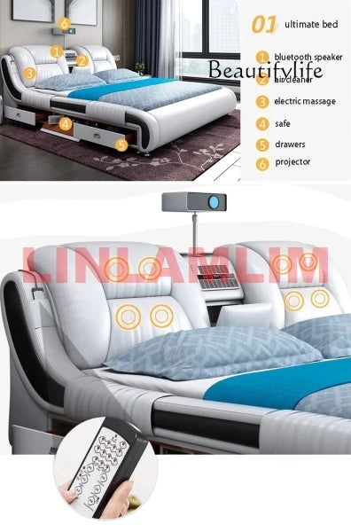 BJ Genuine Leather Bed Multifunctional Beds Ultimate Massage Camas With Bluetooth,Speaker,Safe,Air Cleaner, Projector,Drawers