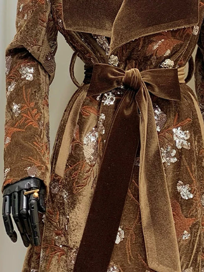 YERMORA Brown Sequins Embroidery Belt Elegant Trench For Women Lapel Long Sleeve Loose New Windbreaker Fashion Autumn Winter