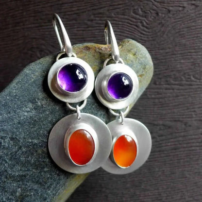 New Vintage Red Crystal Stone Dangle Earrings For Women Tribal Cross Design Oval Antique Metal Statement Earrings Jewelry