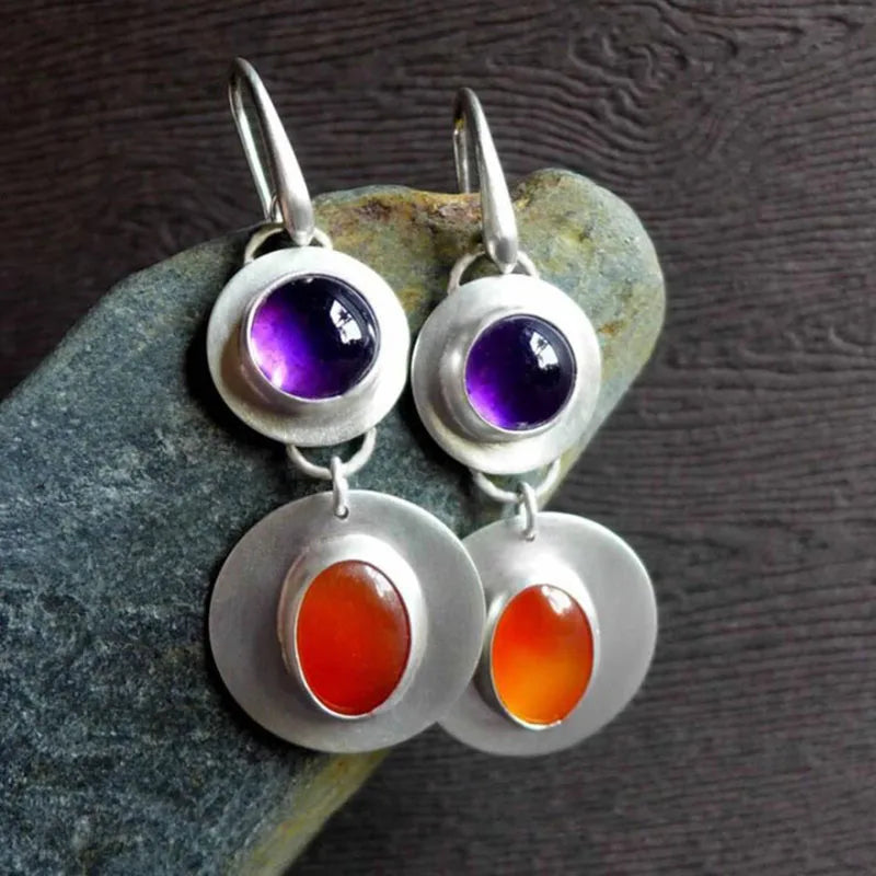 New Vintage Red Crystal Stone Dangle Earrings For Women Tribal Cross Design Oval Antique Metal Statement Earrings Jewelry