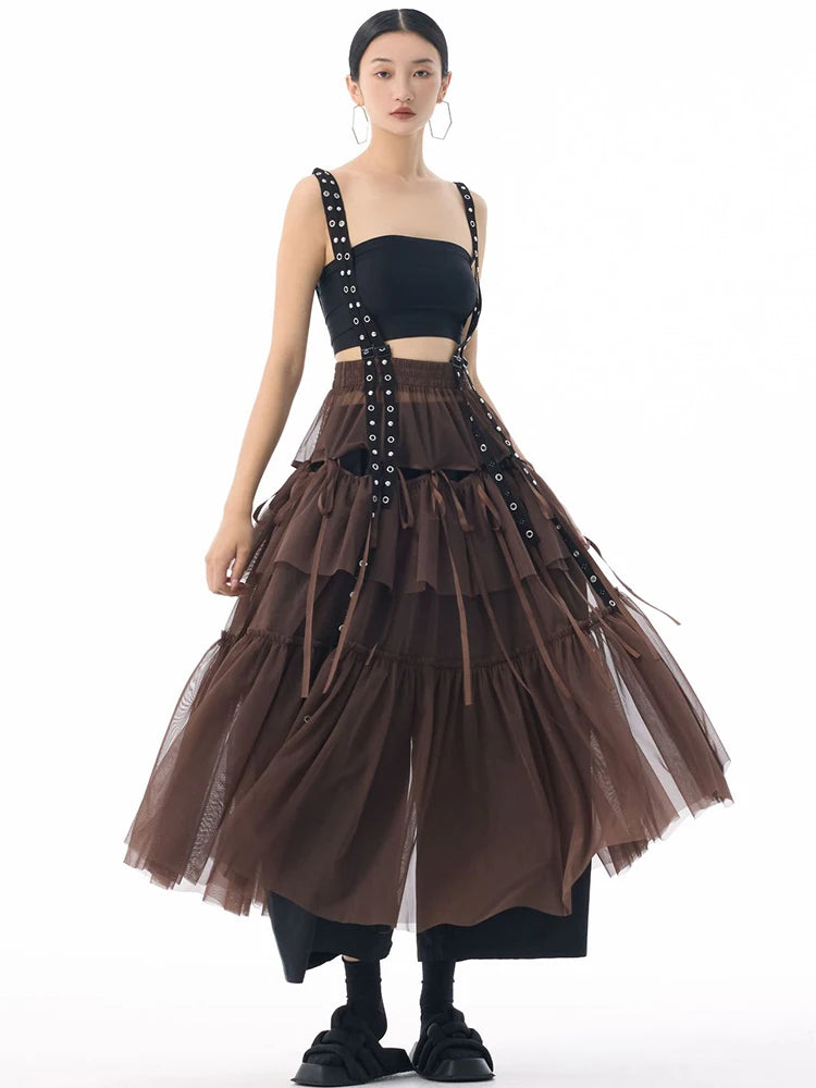 [EAM] High Elastic Waist Coffee Mesh Perspective Ribbon Strap Half-body Skirt Women Fashion Tide New Spring Autumn 2026 1DJ5044