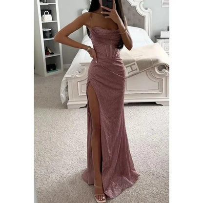 Women's S-XL size Party Fashion Suspender Dress with A Straight Neckline Sleeveless Solid Color Slim Fit Slit Casual Long Dress