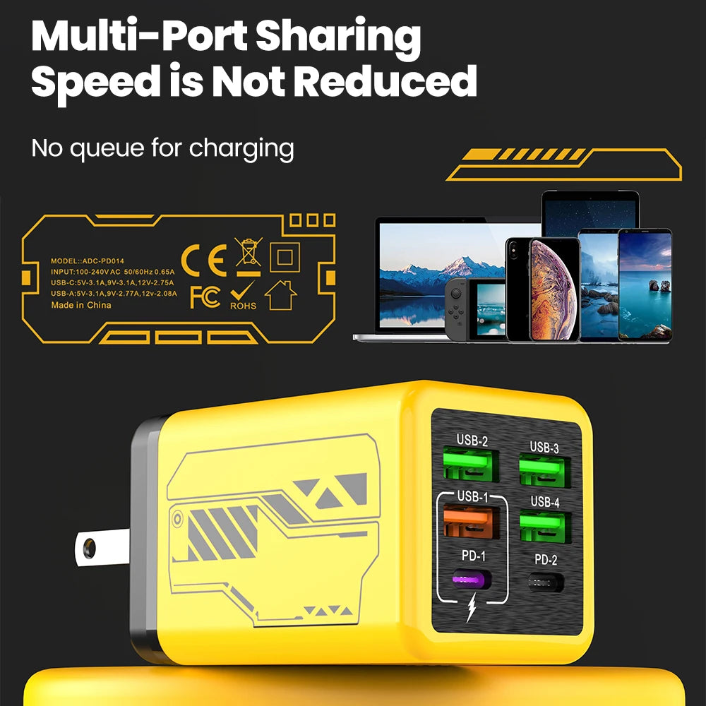 240W 6 Ports 4USB+2Type C Super Fast Charging Mobile Phone Charger USB3.0 PD3.0 EU/UK/US Charger For Iphone 17 16 Samsung POCO