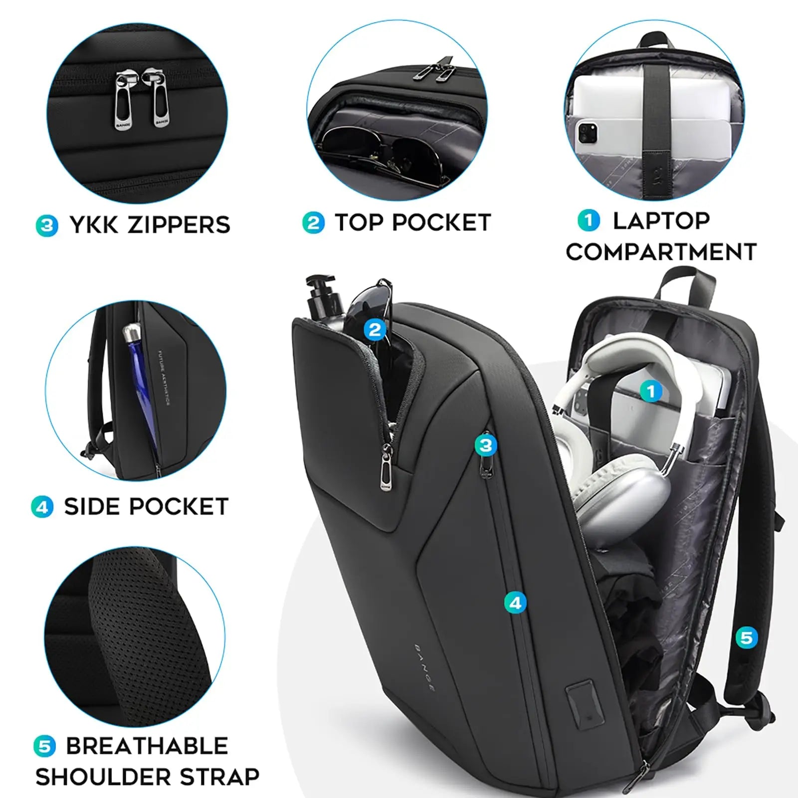 BANGE 15.6 Inch Water Resistant Travel Smart Laptop Backpack Carry On Backpack with USB Charging Port,Large Durable Computer Bag