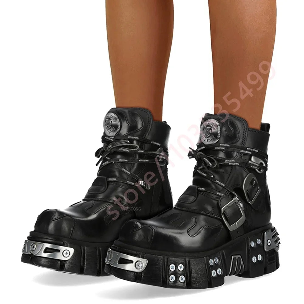 2025 Black Metal Studded Ankle Boots Punk Rock Party Motorcycle Style Lace-Up Casual Sporty Round Buckle Street Fashion