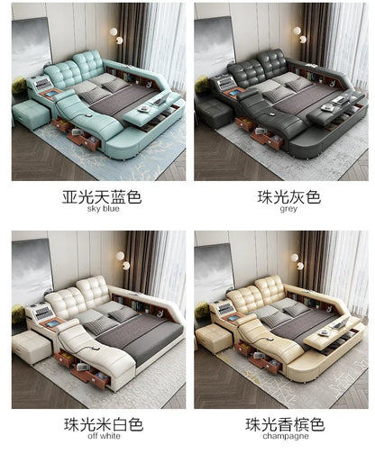 Genuine Leather Tech Smart  Multifunctional Beds Massage Modern Luxury Camas Upholstered With Bluetooth Speaker,Air Cleaner