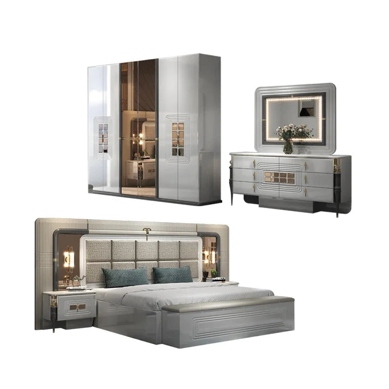 A Luxury Home Wood Frame Double King Size Bed Room Suite Lighted Headboard Full Set Modern Wooden Furniture Bedroom Sets