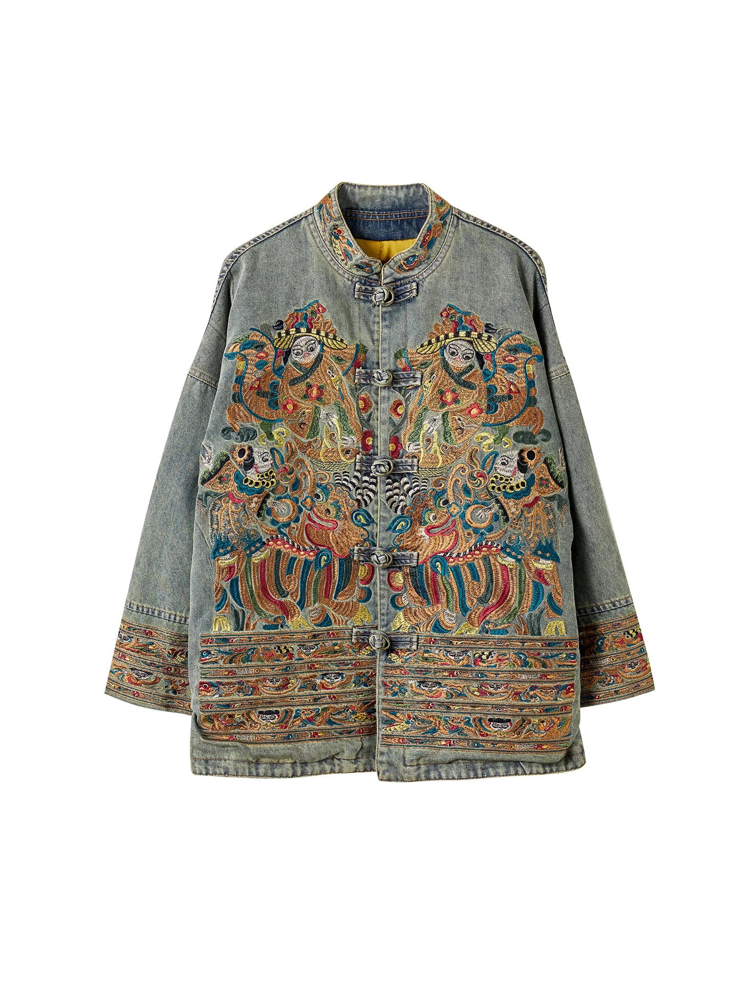 Women Distressed Denim Jacket Heavy Embroidery Lucky Chinese Style 2026 Spring Loose Casual Jean Coat