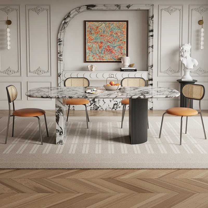 Luxury French Rectangle Marble Table, Cream Aesthetic Designer Villa Furniture, Trendy Natural Stone Dining Table - Kimlud