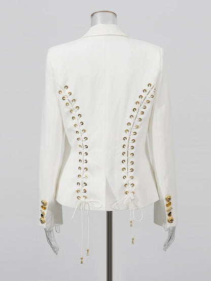 TWOTWINSTYLE Solid Spliced Lace Up Slimming Jackets For Women Lapel Long Sleeve Tunic Temperament Patchwork Button Coat Female - Kimlud