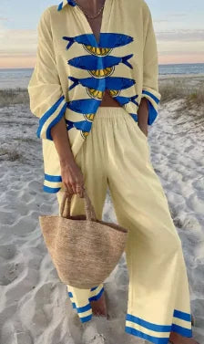 Casual Printed Two Piece Set Women Spring Summer New Fashion Comfort Holiday Button Long Sleeve Shirts And Wide Leg Pants 2 Sets