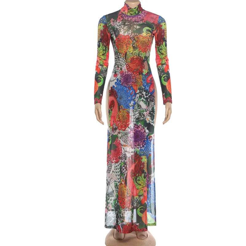Spring New Women's Long Sve High Collar Plant Print Maxi Top Faionable Individuatic f High Ne Long Open Split Top