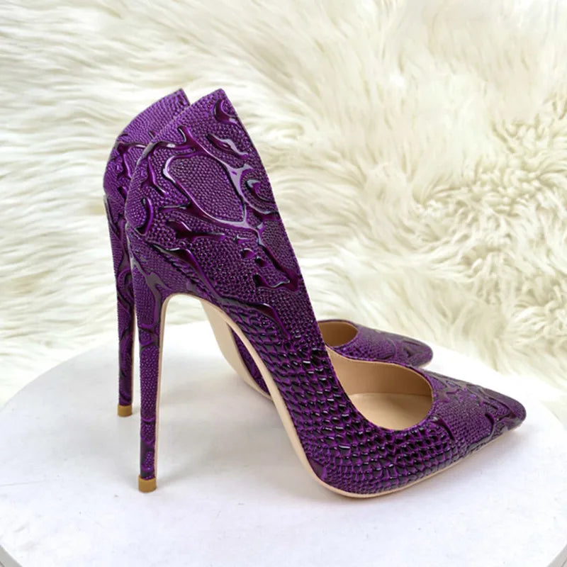 Luxury purple woman high heeled shoes shallow mouth pointed toe slip on unique shoes four season all game pattern snakes shoes - Kimlud