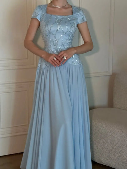 Elegant Square Neck Evening Dress Short Sleeve Sequin Embellished Top Pleated Chiffon Floor Length Wedding Guest Maxi Gown