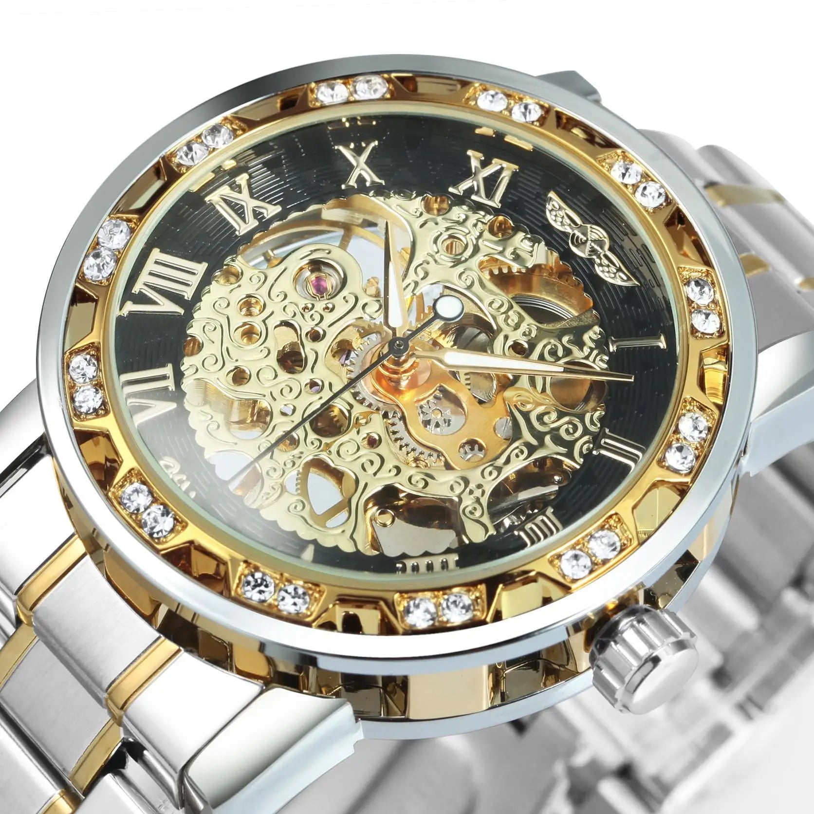 Winner Casual Mechanical Watches For Men Golden Roman Fashion Stainless Steel Belt Mesh Strap Wristwatch Clock Relogio Masculino