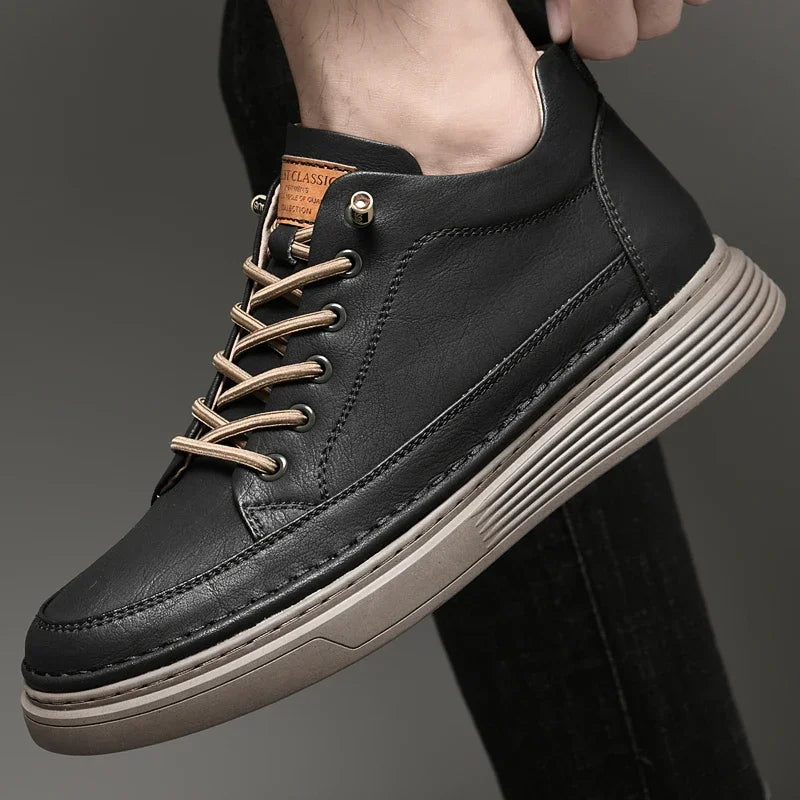 Italian Brand Men's Genuine Leather Casual Shoes Fashionable Beige Men's Hiking Shoes Camping High Top Shoes Big Size：36-47