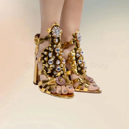 Crystal Flower Decor Gold Hollow Design Sandals Boots Knee High Women Shoes Chunky High Heels Fashion 2024 Zapatos Para Mujere
