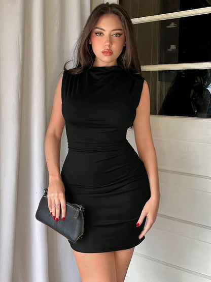 Color Pleated Bodycon Sleeveless Dress, Women Summer Black Carnival Going Out Dress - Kimlud