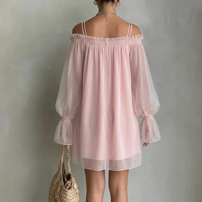 Double Strap Vestidos Off Shoulder Dress Sexy Sweet Vestido Fairy Mini Loose Dresses Summer New Sheer Mesh Long Sleeve Ropa Muje - Kimlud