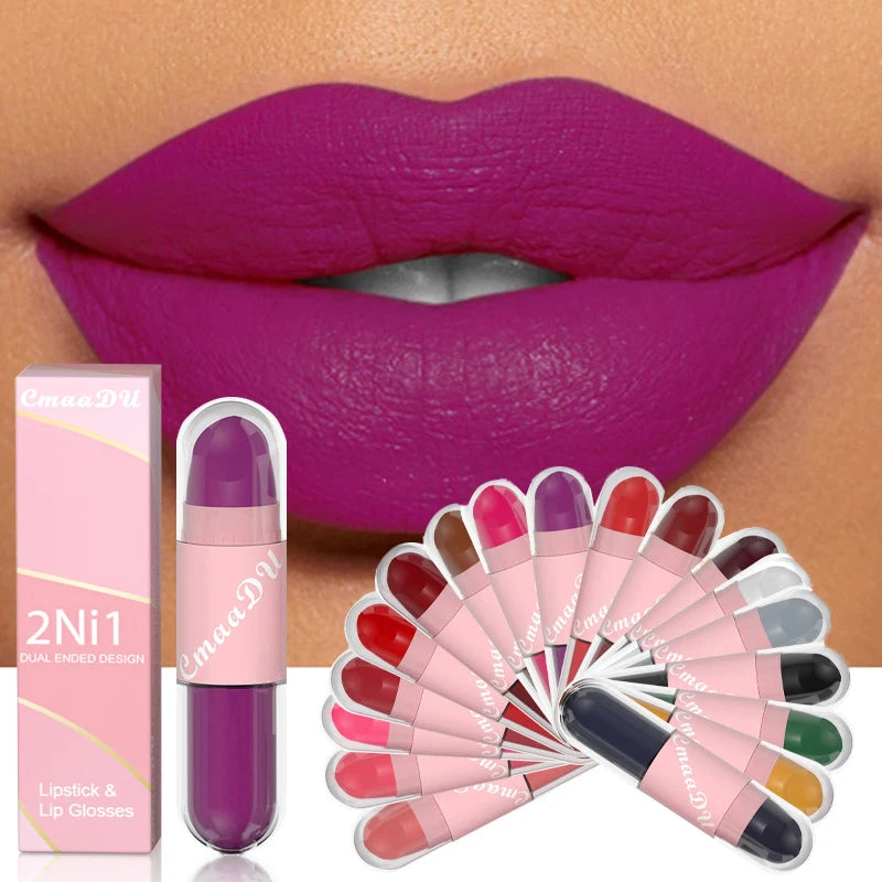 18Color 2 in 1 Sexy Red Brown Matte Liquid Lipstick Double Head Purple Lip Gloss Moisturizer Lasting Waterproof Lip...