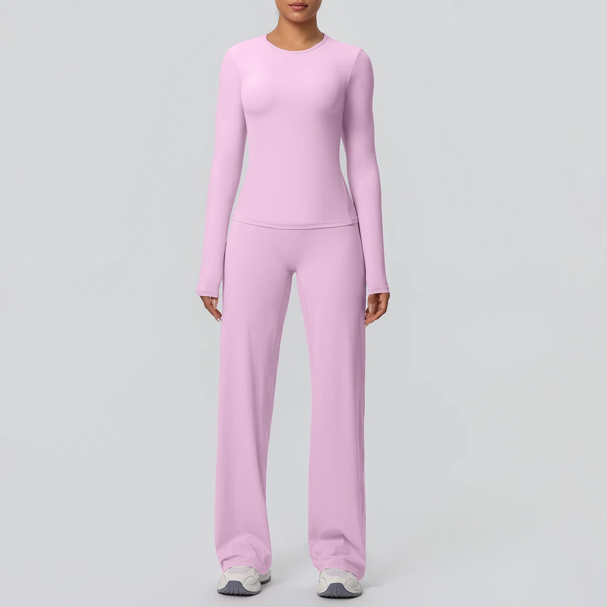 2pieces Women Gym Yoga Set Running Shirts Slim Long Sleeves Workout Top Quick Drying High Stretch Wide Leg Pants Thin Yoga Set
