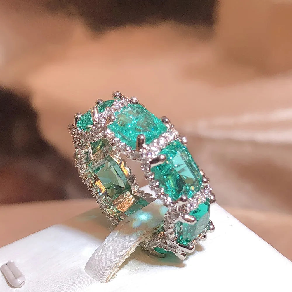 925 Stamp High-definition Paraiba Zircon Jewelry Heavy Industry Inlaid Aquamarine Topaz Ring Women's Party Wedding Rings...