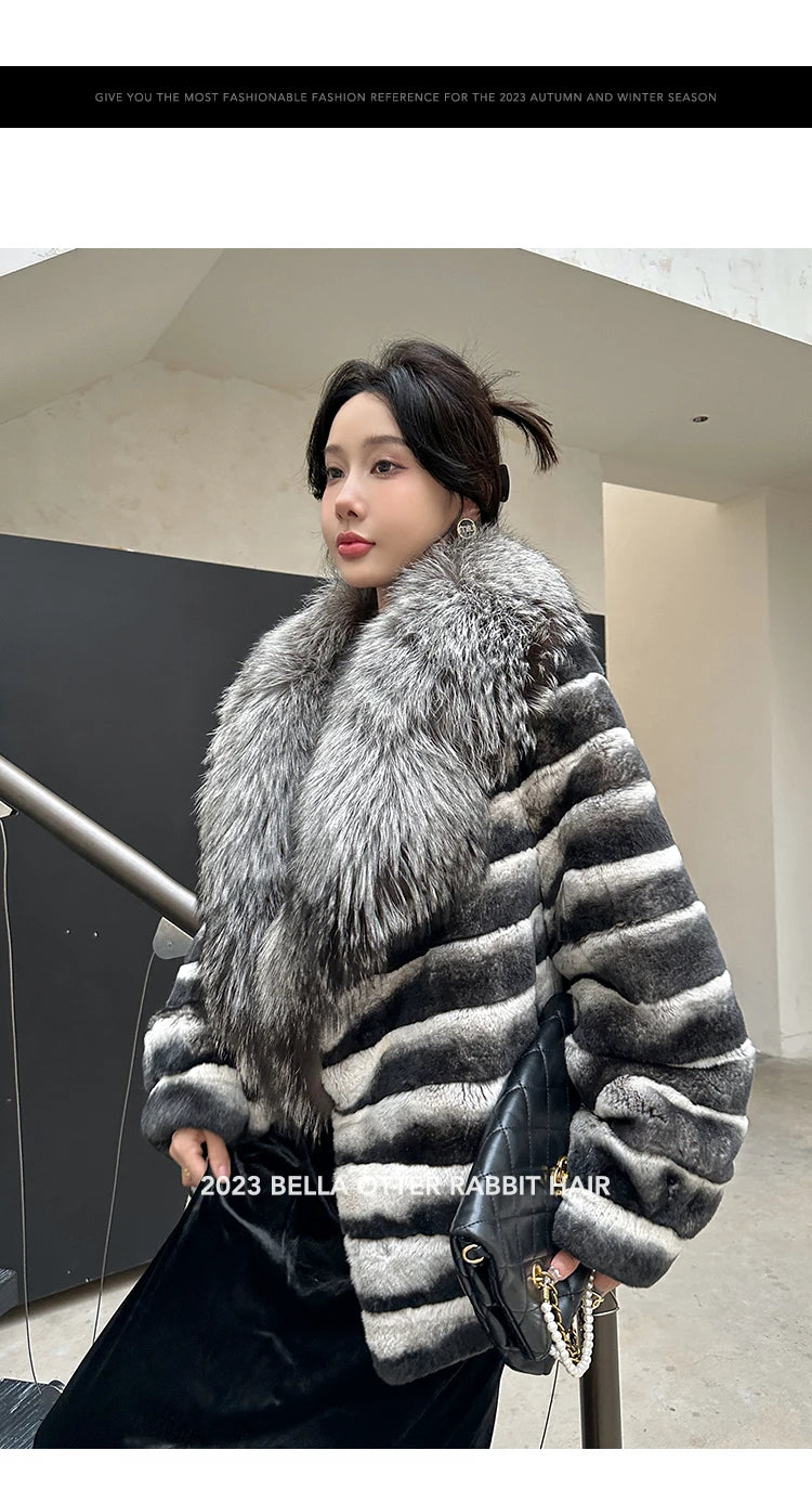 Winter Women Real Rex Rabbit Fur Coat 100% Natural Fur Jacket with Large Silver Fox Fur Collar Luxury Streetwear